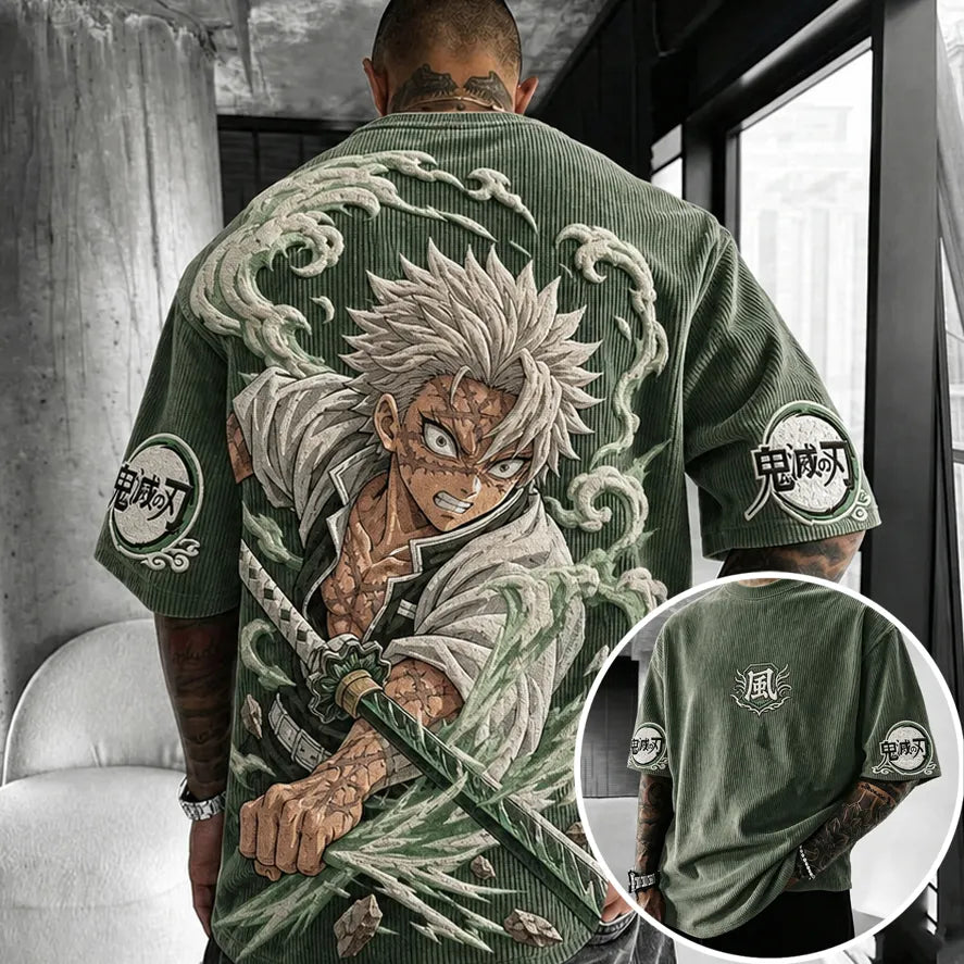 Unisex Oversized Anime-Print Vertical-Stripe Short-Sleeve T-Shirt