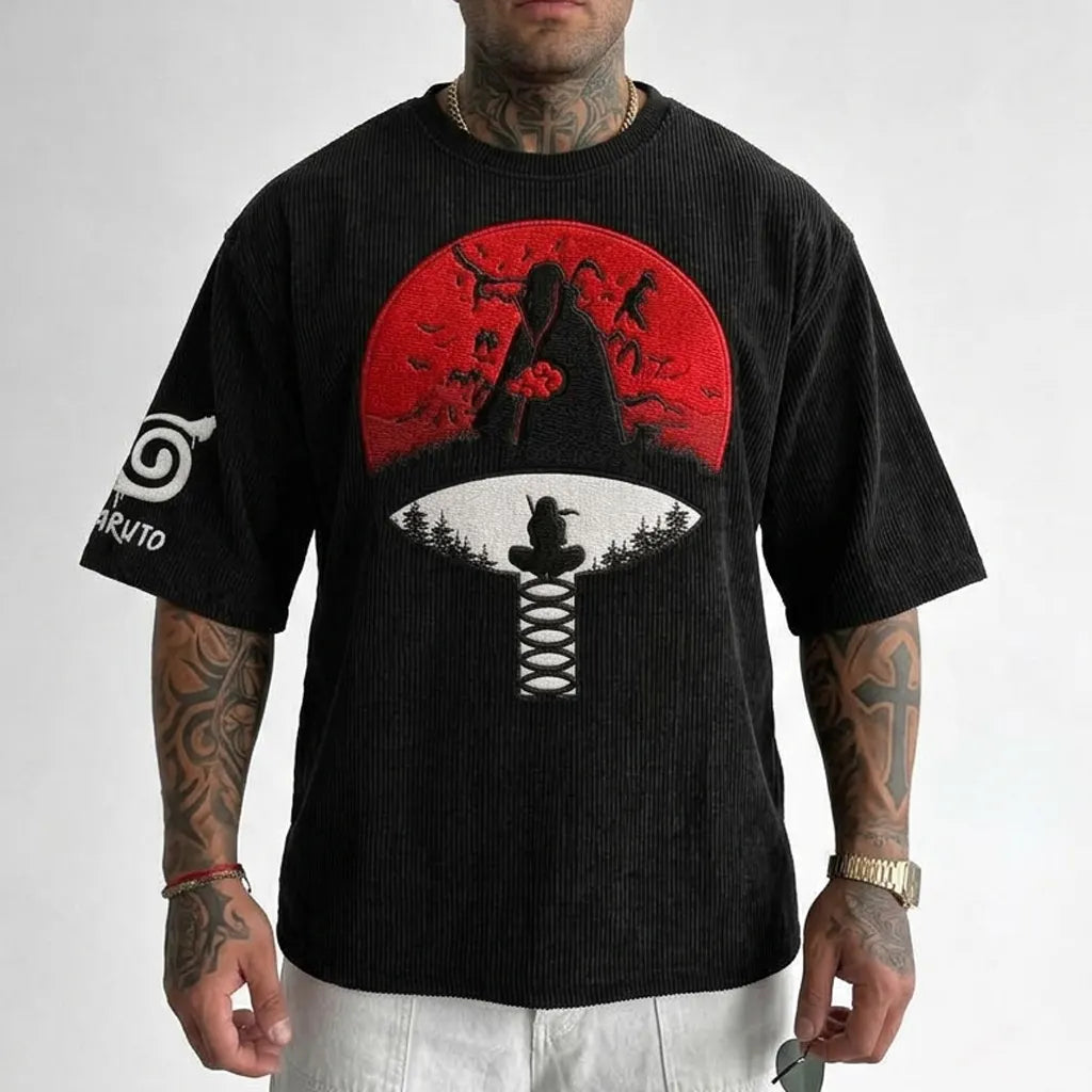 Naruto-Inspired Corduroy T-Shirt – Premium Cotton-Blend Fabric, Oversized Fit, Embroidered Uchiha Crest & Red Moon Graphic, Streetwear Tee