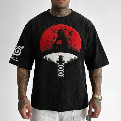 Naruto-Inspired Corduroy T-Shirt – Premium Cotton-Blend Fabric, Oversized Fit, Embroidered Uchiha Crest & Red Moon Graphic, Streetwear Tee