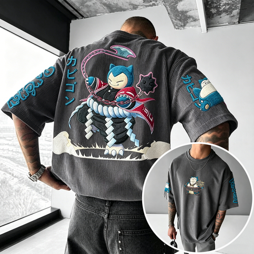 Anime-Inspired Vintage Waffle Knit T-Shirt