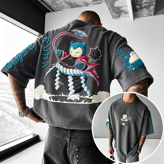 Anime-Inspired Vintage Waffle Knit T-Shirt