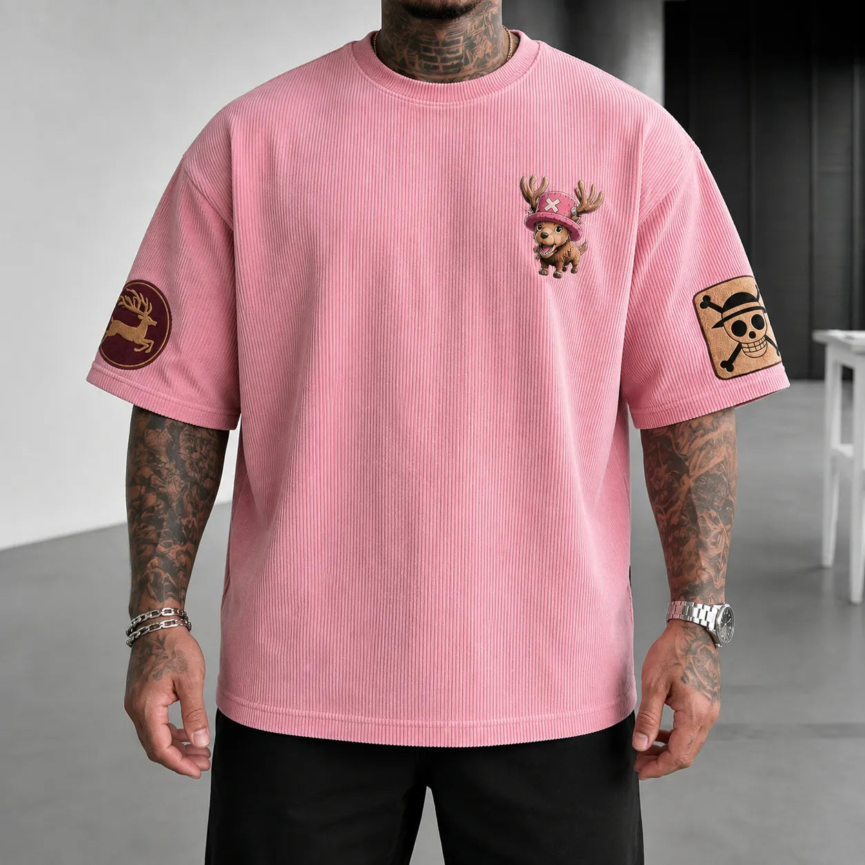 Unisex Short-Sleeve Corduroy T-Shirt With Anime Print