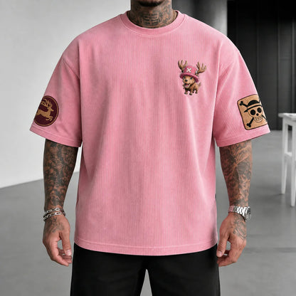 Unisex Short-Sleeve Corduroy T-Shirt With Anime Print