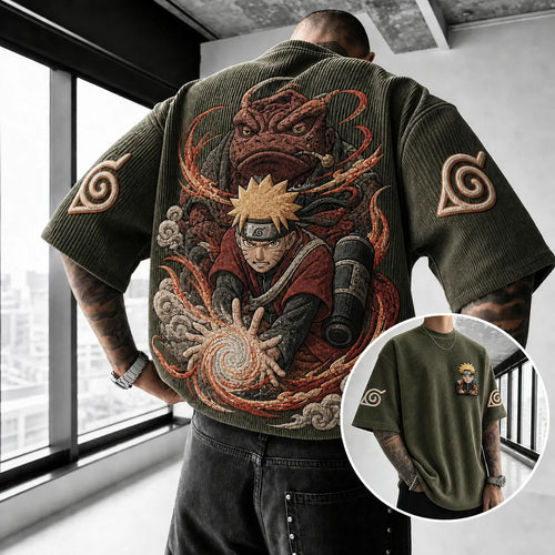 Unisex Oversized Anime-Print Vertical-Stripe Short-Sleeve T-Shirt