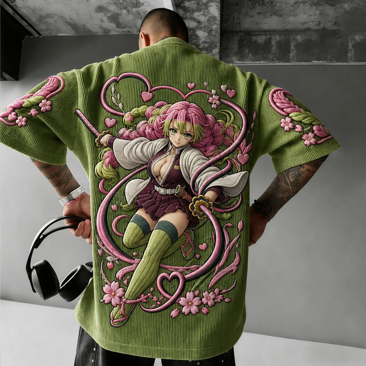 Unisex Anime-Style Retro Corduroy Oversized T-Shirt
