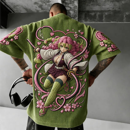 Unisex Anime-Style Retro Corduroy Oversized T-Shirt