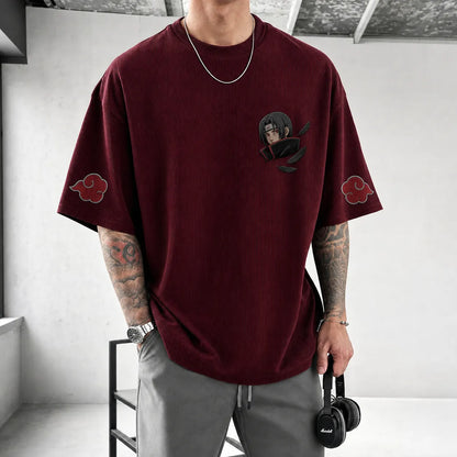 Unisex Oversized Anime-Print Vertical-Stripe Short-Sleeve T-Shirt