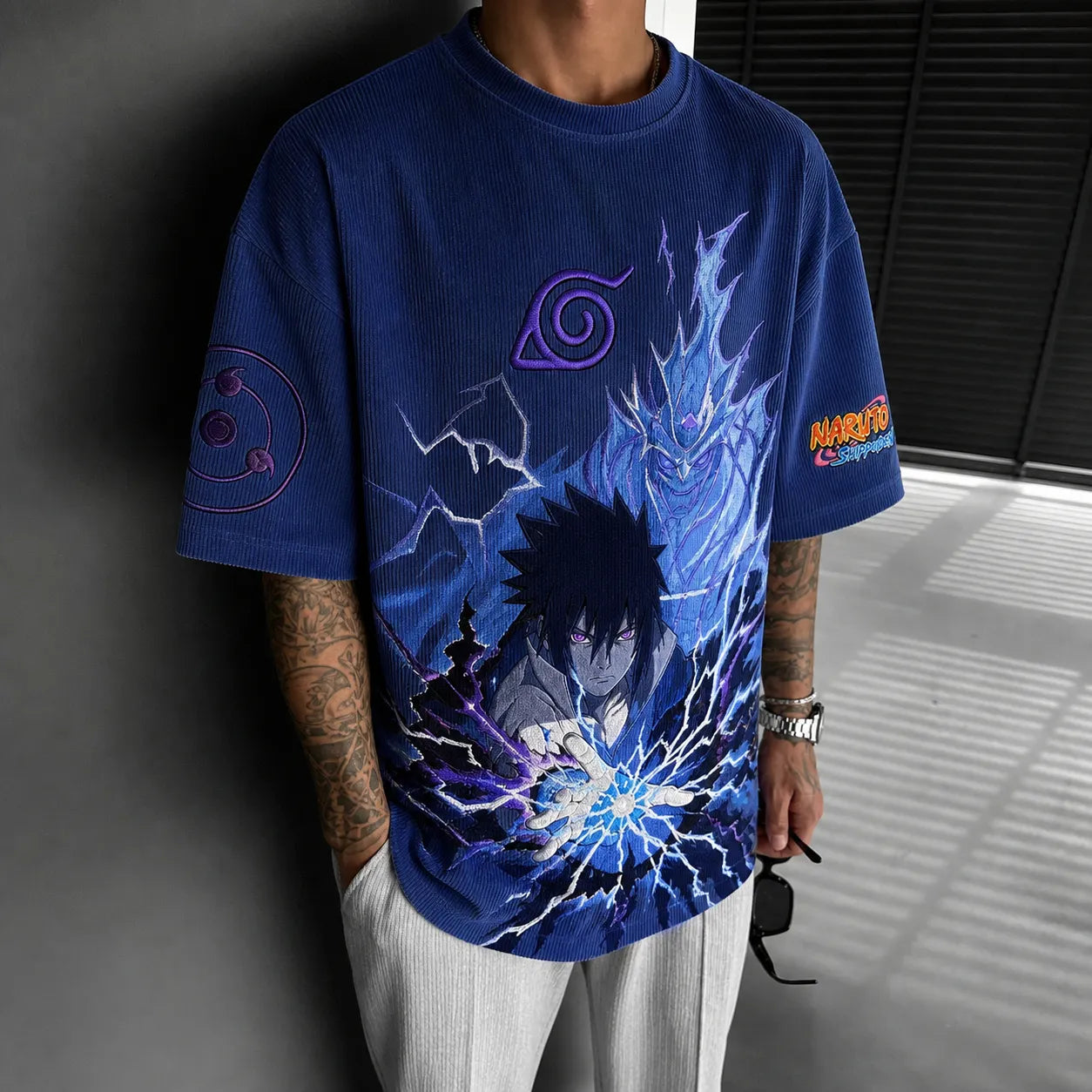 Unisex Oversized Anime-Print Vertical-Stripe Short-Sleeve T-Shirt