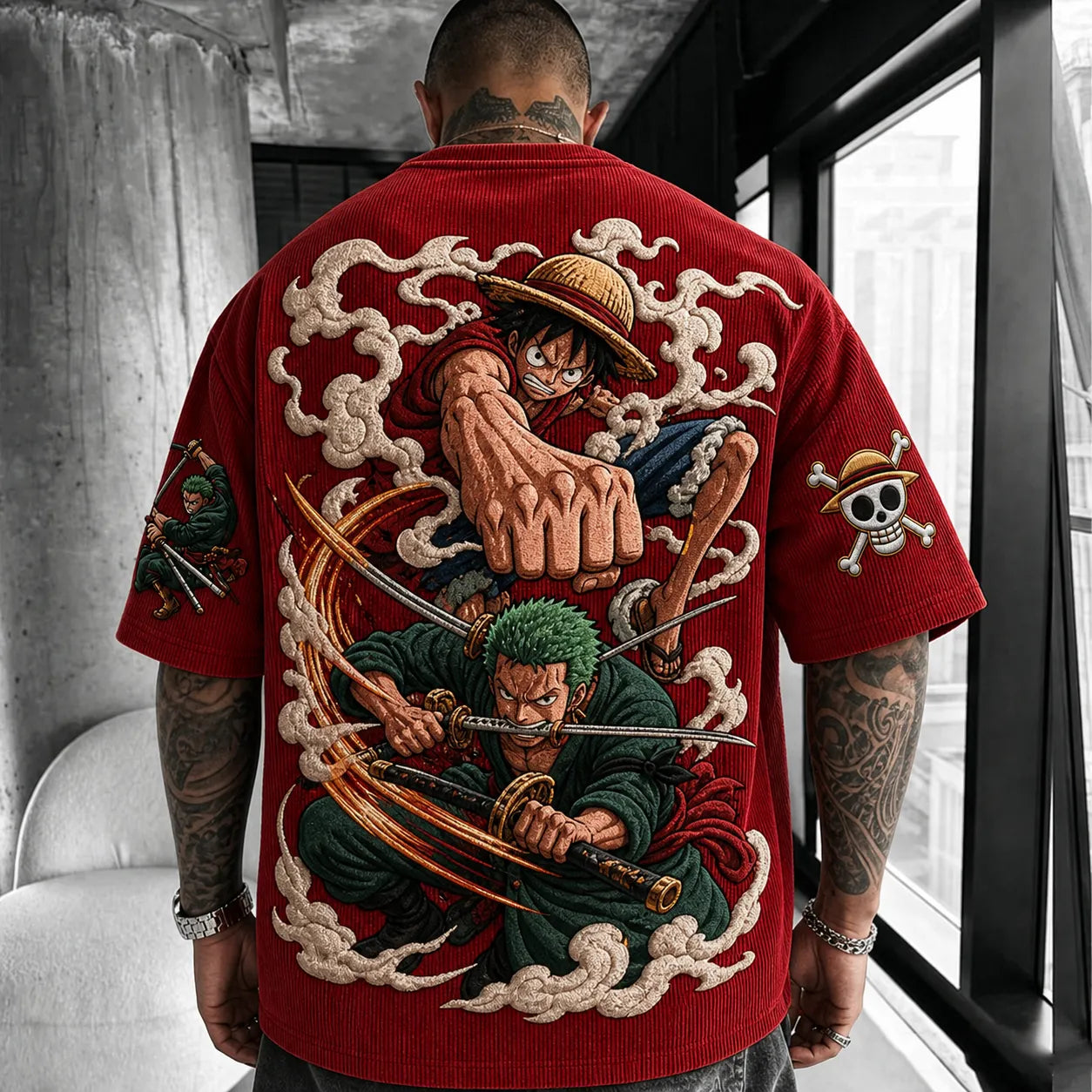 Red Corduroy Anime Graphic T-Shirt – Premium Cotton Blend, Oversized Fit with Embroidered Characters and Skull Logo