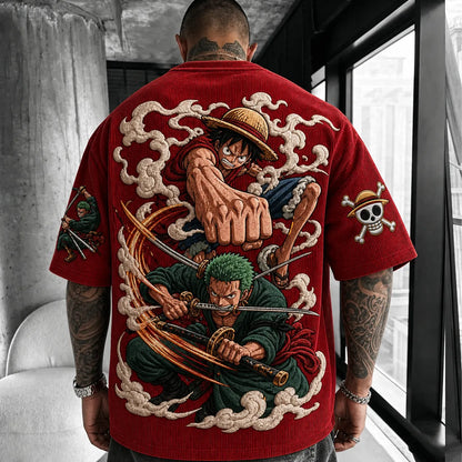 Red Corduroy Anime Graphic T-Shirt – Premium Cotton Blend, Oversized Fit with Embroidered Characters and Skull Logo