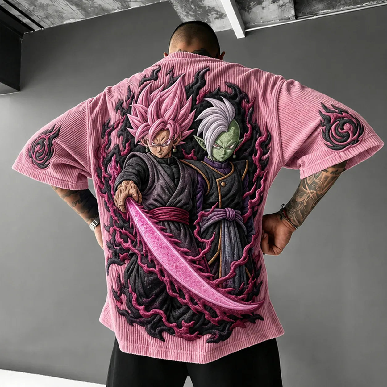 Unisex Anime-Style Retro Corduroy Oversized T-Shirt
