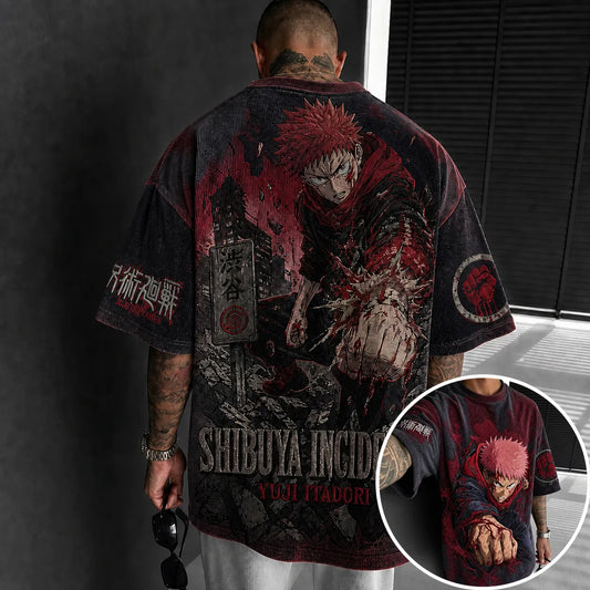 Unisex Anime Print Short-Sleeve Corduroy T-Shirt