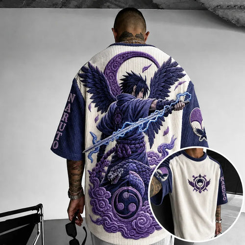 Unisex Oversized Anime-Print Vertical-Stripe Short-Sleeve T-Shirt