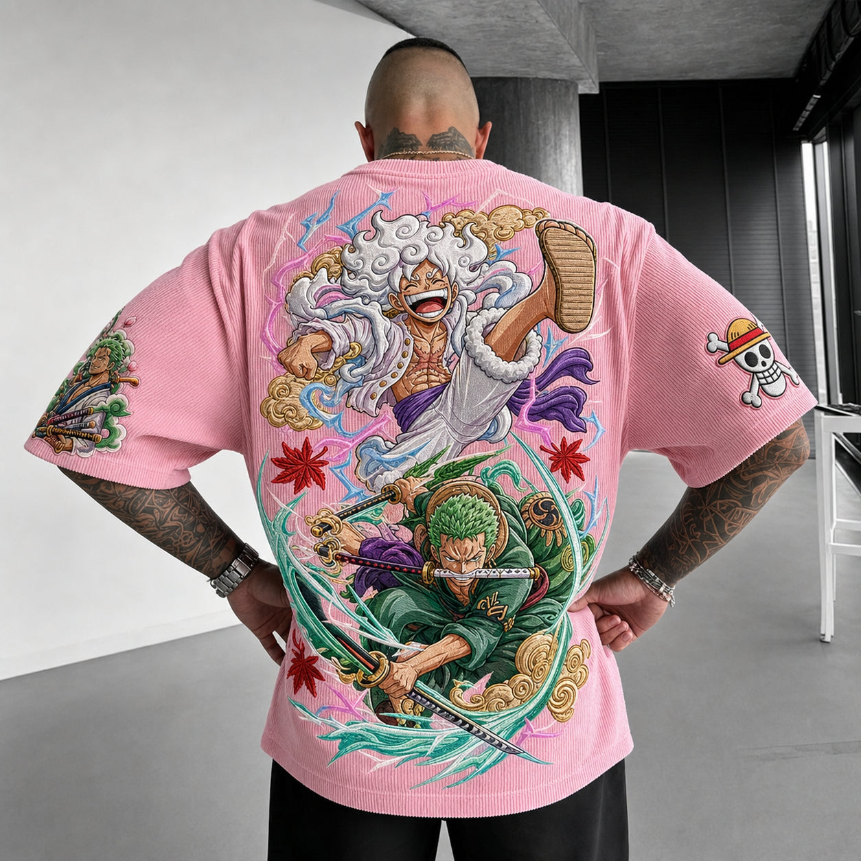 Premium Cotton-Blend Ribbed Knit T-Shirt with Anime Character Embroidery – Oversized Crewneck Streetwear Top