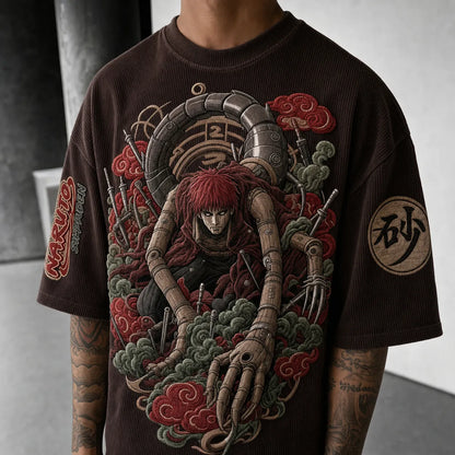 Unisex Oversized Anime-Print Vertical-Stripe Short-Sleeve T-Shirt