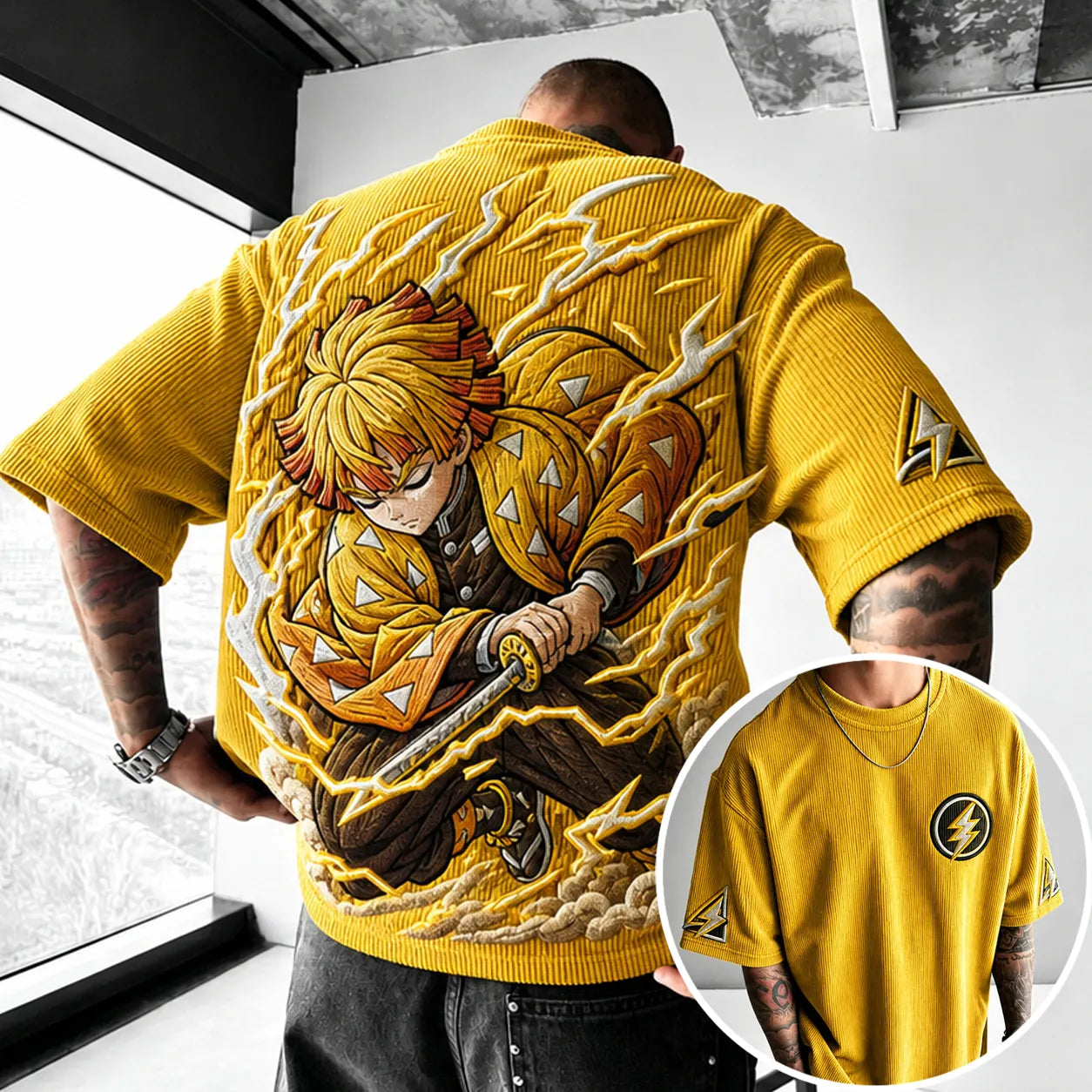 Unisex Anime-Style Retro Corduroy Oversized T-Shirt