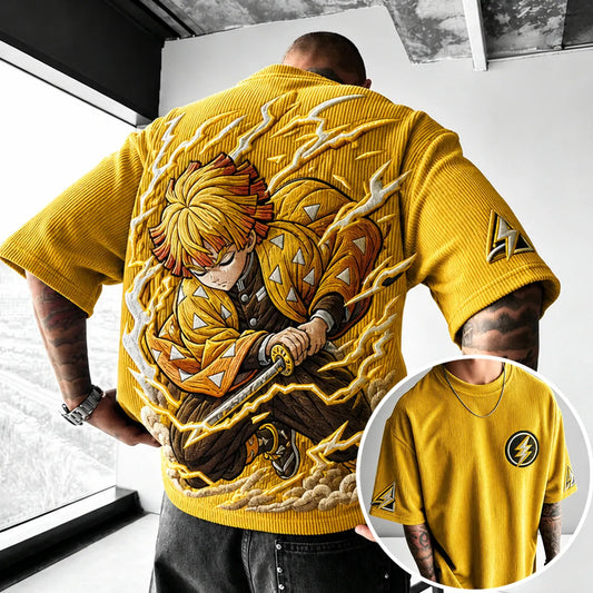 Unisex Anime-Style Retro Corduroy Oversized T-Shirt