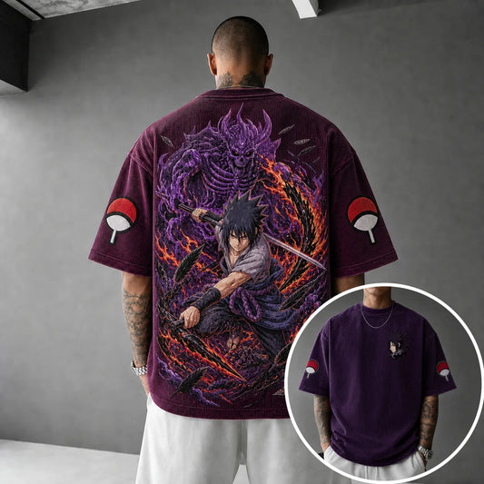 Unisex Oversized Anime-Print Vertical-Stripe Short-Sleeve T-Shirt