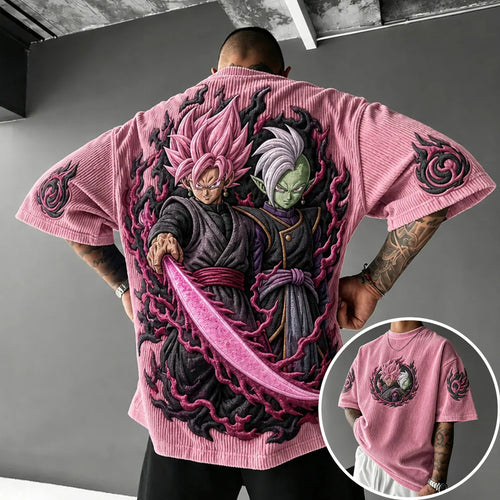 Unisex Anime-Style Retro Corduroy Oversized T-Shirt