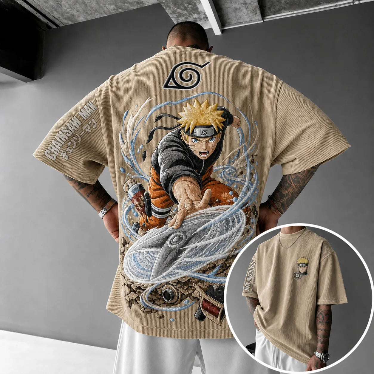 Unisex Oversized Anime-Print Vertical-Stripe Short-Sleeve T-Shirt