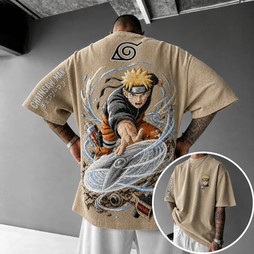 Unisex Oversized Anime-Print Vertical-Stripe Short-Sleeve T-Shirt