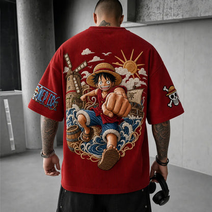 Unisex Short-Sleeve Corduroy T-Shirt With Anime Print