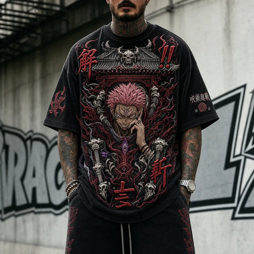 Unisex Anime Print Short-Sleeve Corduroy T-Shirt
