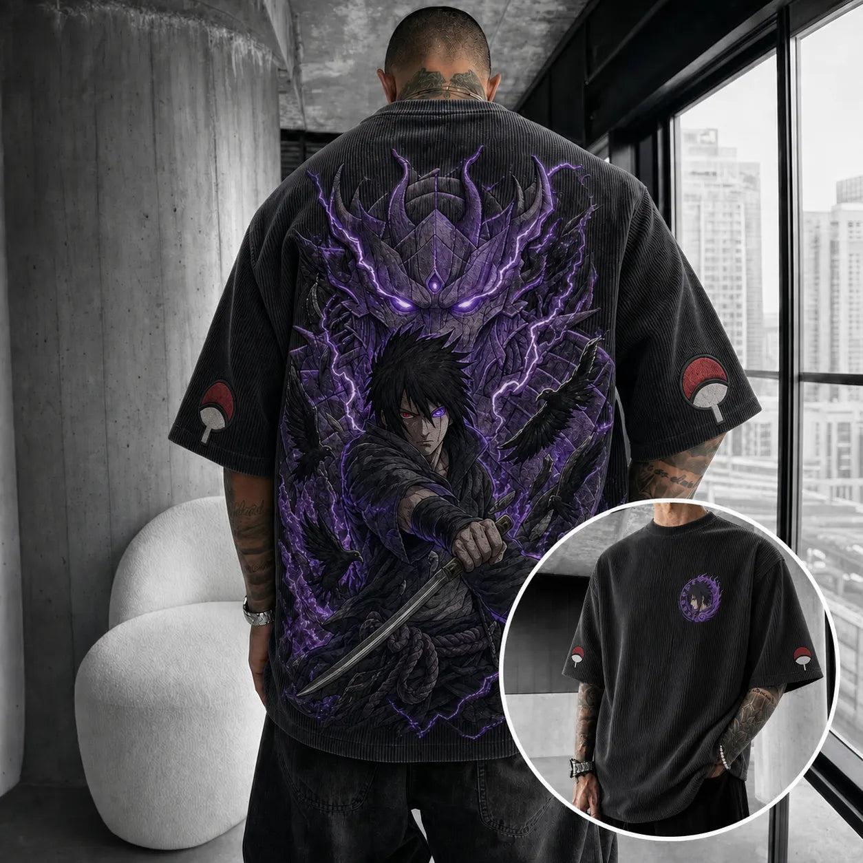 Unisex Oversized Anime-Print Vertical-Stripe Short-Sleeve T-Shirt