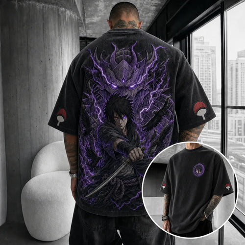 Unisex Oversized Anime-Print Vertical-Stripe Short-Sleeve T-Shirt