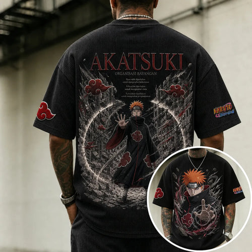 Unisex Oversized Anime-Print Vertical-Stripe Short-Sleeve T-Shirt