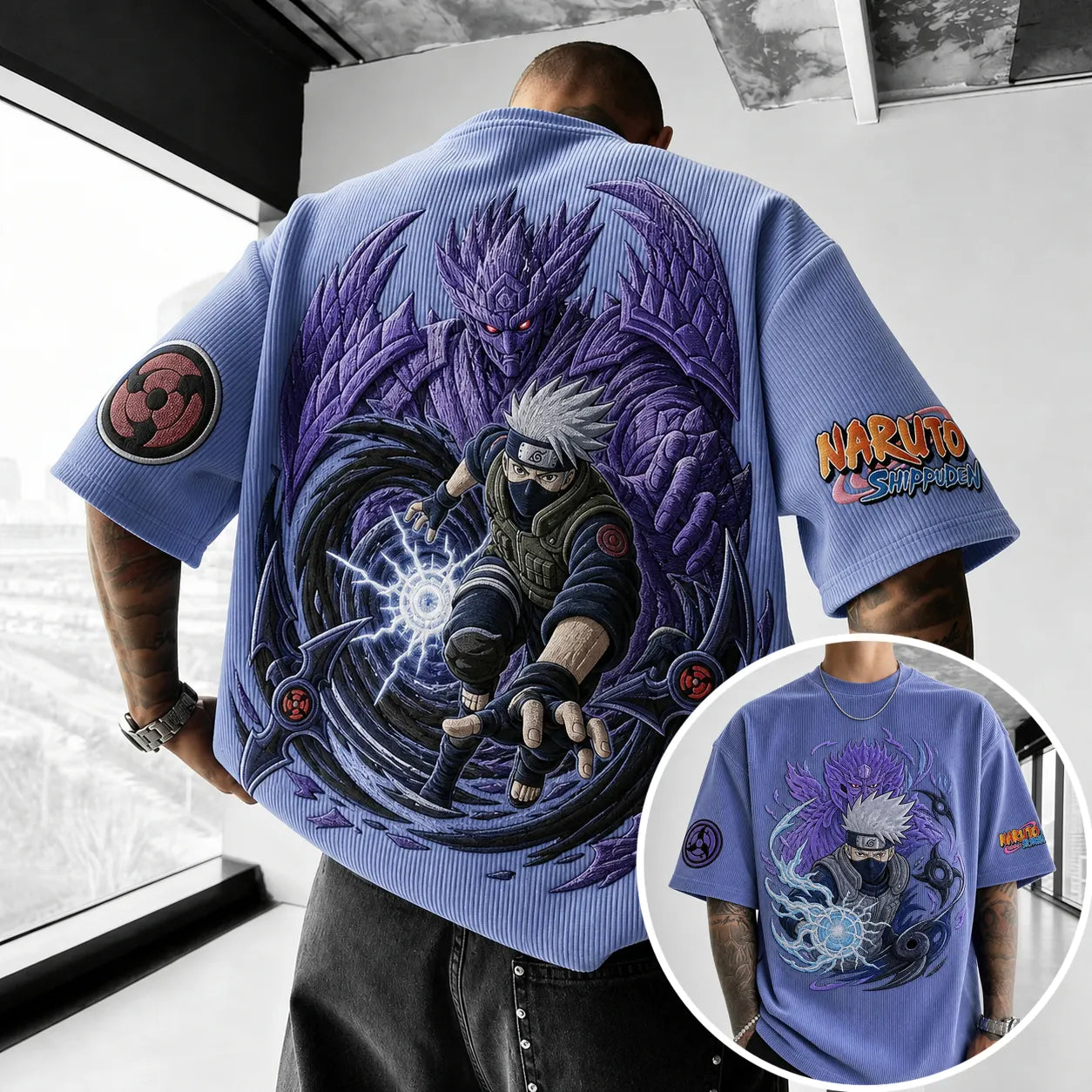 Unisex Oversized Anime-Print Vertical-Stripe Short-Sleeve T-Shirt