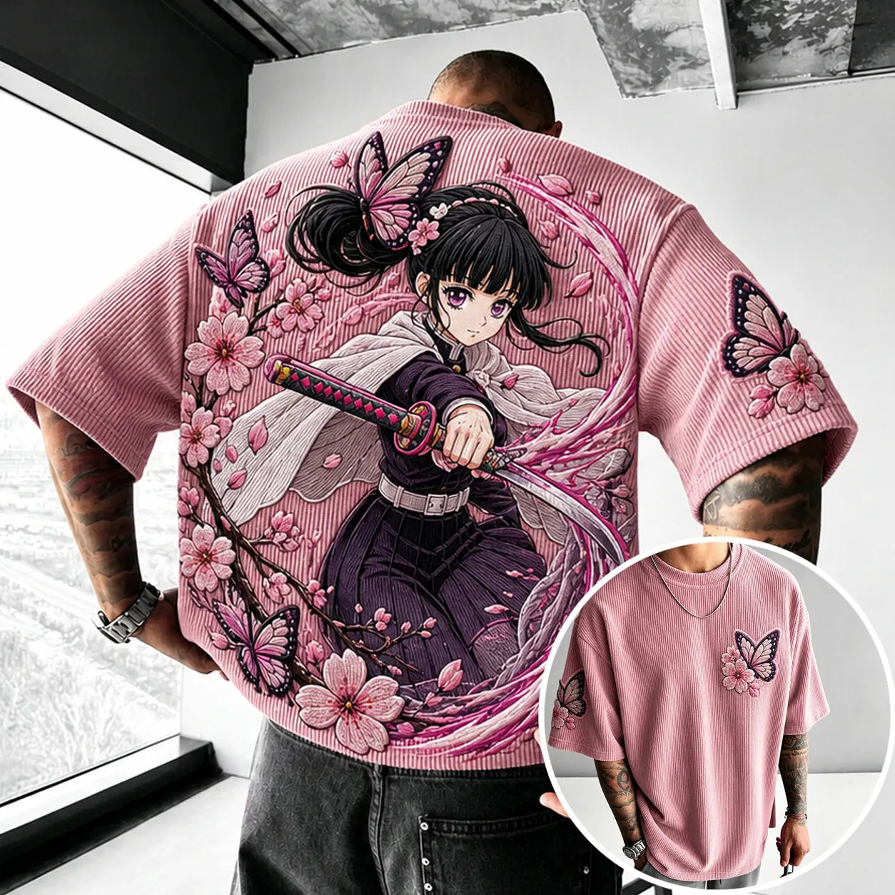 Unisex Anime-Style Retro Corduroy Oversized T-Shirt