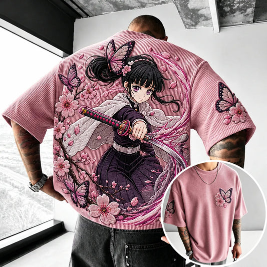 Unisex Anime-Style Retro Corduroy Oversized T-Shirt