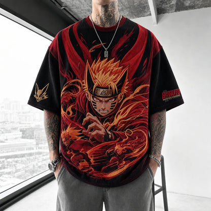 Unisex Oversized Anime-Print Vertical-Stripe Short-Sleeve T-Shirt