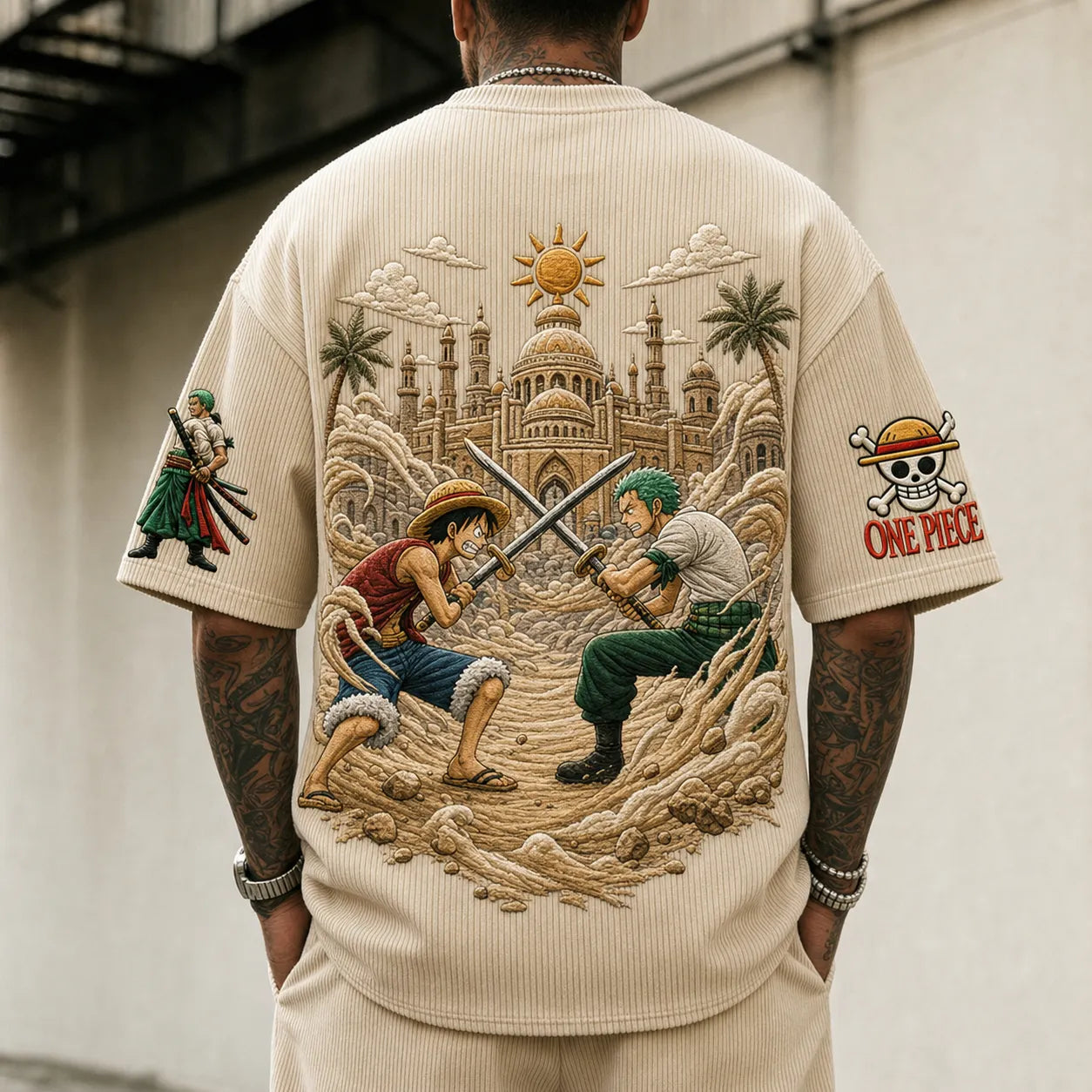 Anime Embroidered Graphic Tee – Premium Cotton Blend Short Sleeve Crew Neck T-Shirt with Back & Sleeve Artwork
