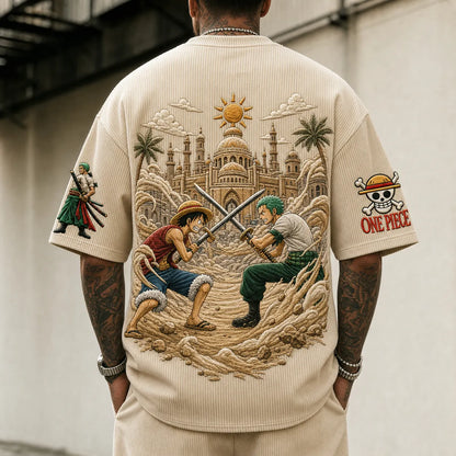 Anime Embroidered Graphic Tee – Premium Cotton Blend Short Sleeve Crew Neck T-Shirt with Back & Sleeve Artwork