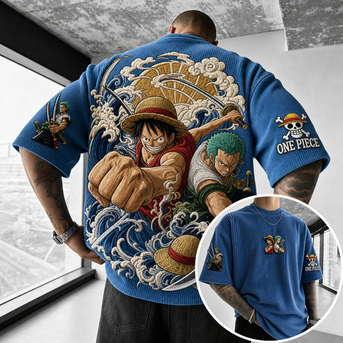 Premium Cotton-Blend Ribbed Knit T-Shirt with Anime Character Embroidery – Oversized Crewneck Streetwear Top