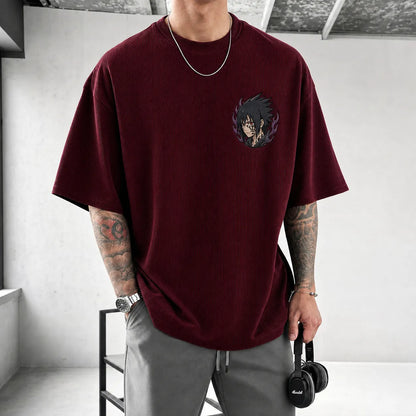 Unisex Oversized Anime-Print Vertical-Stripe Short-Sleeve T-Shirt