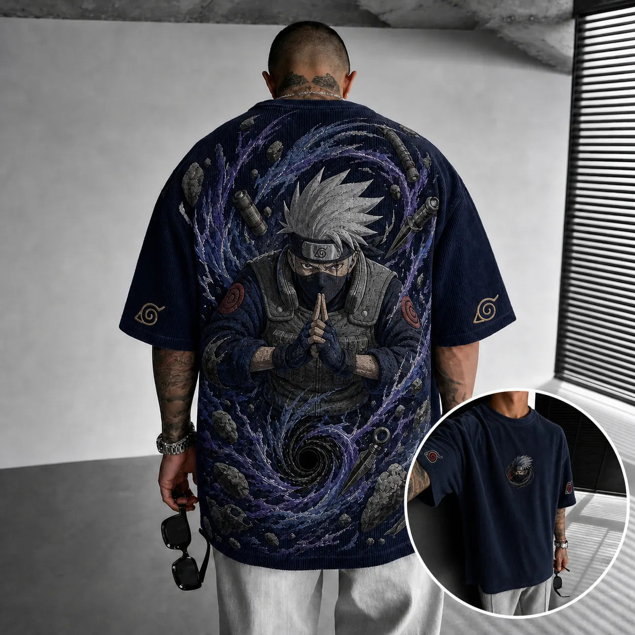 Unisex Oversized Anime-Print Vertical-Stripe Short-Sleeve T-Shirt