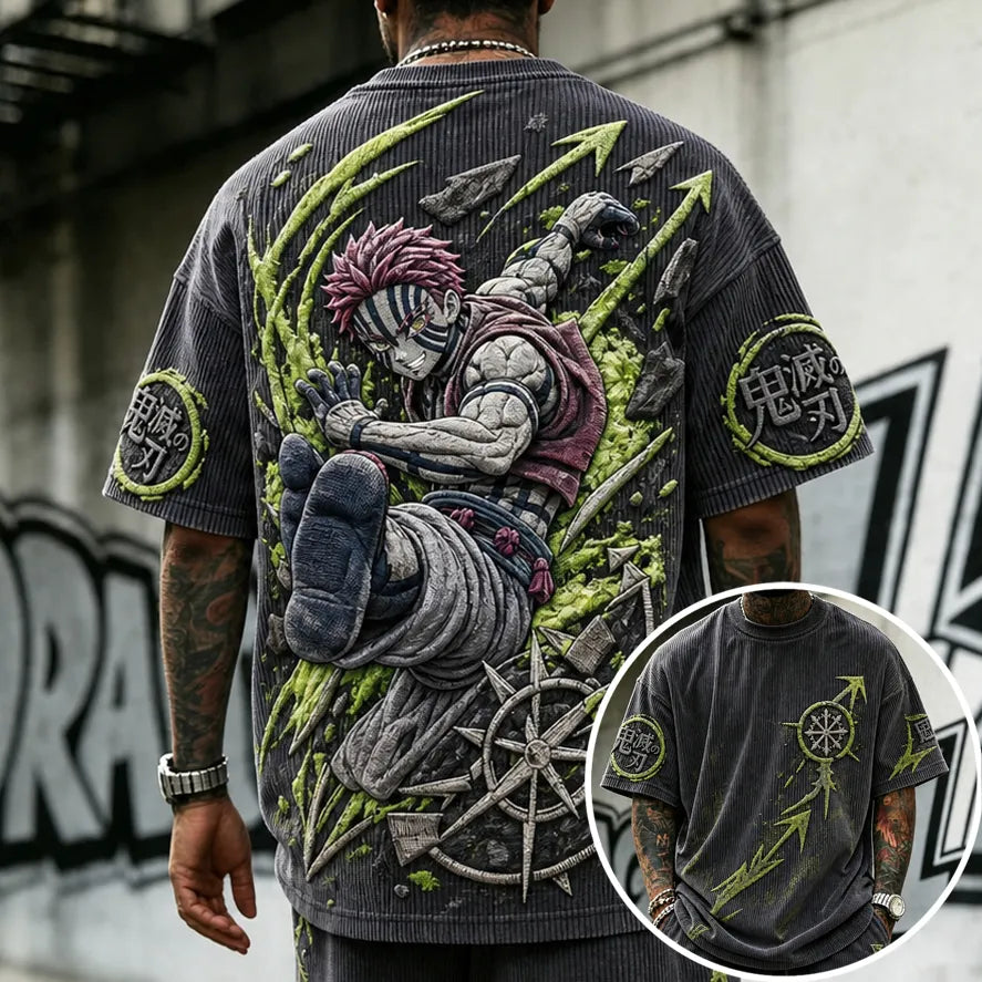 Unisex Oversized Anime-Print Vertical-Stripe Short-Sleeve T-Shirt