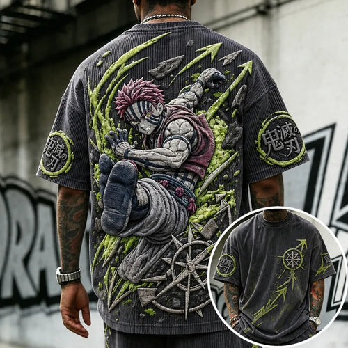 Unisex Oversized Anime-Print Vertical-Stripe Short-Sleeve T-Shirt