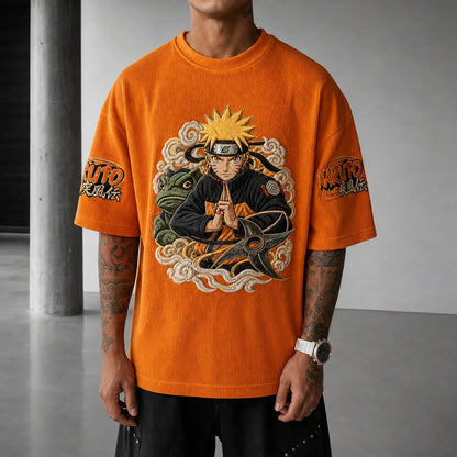 Unisex Oversized Anime-Print Vertical-Stripe Short-Sleeve T-Shirt