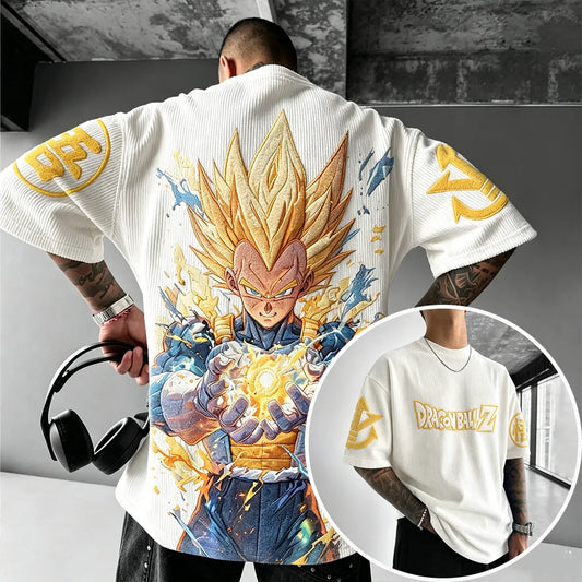 Anime-Inspired Vintage Waffle Knit T-Shirt