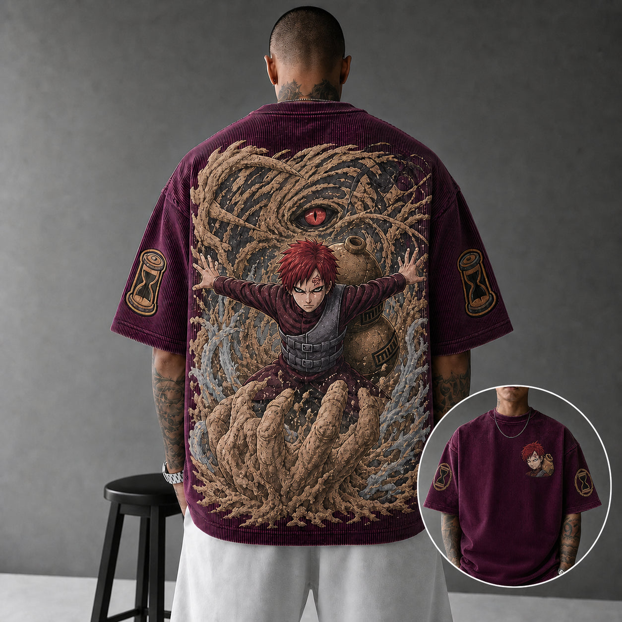 Unisex Oversized Anime-Print Vertical-Stripe Short-Sleeve T-Shirt