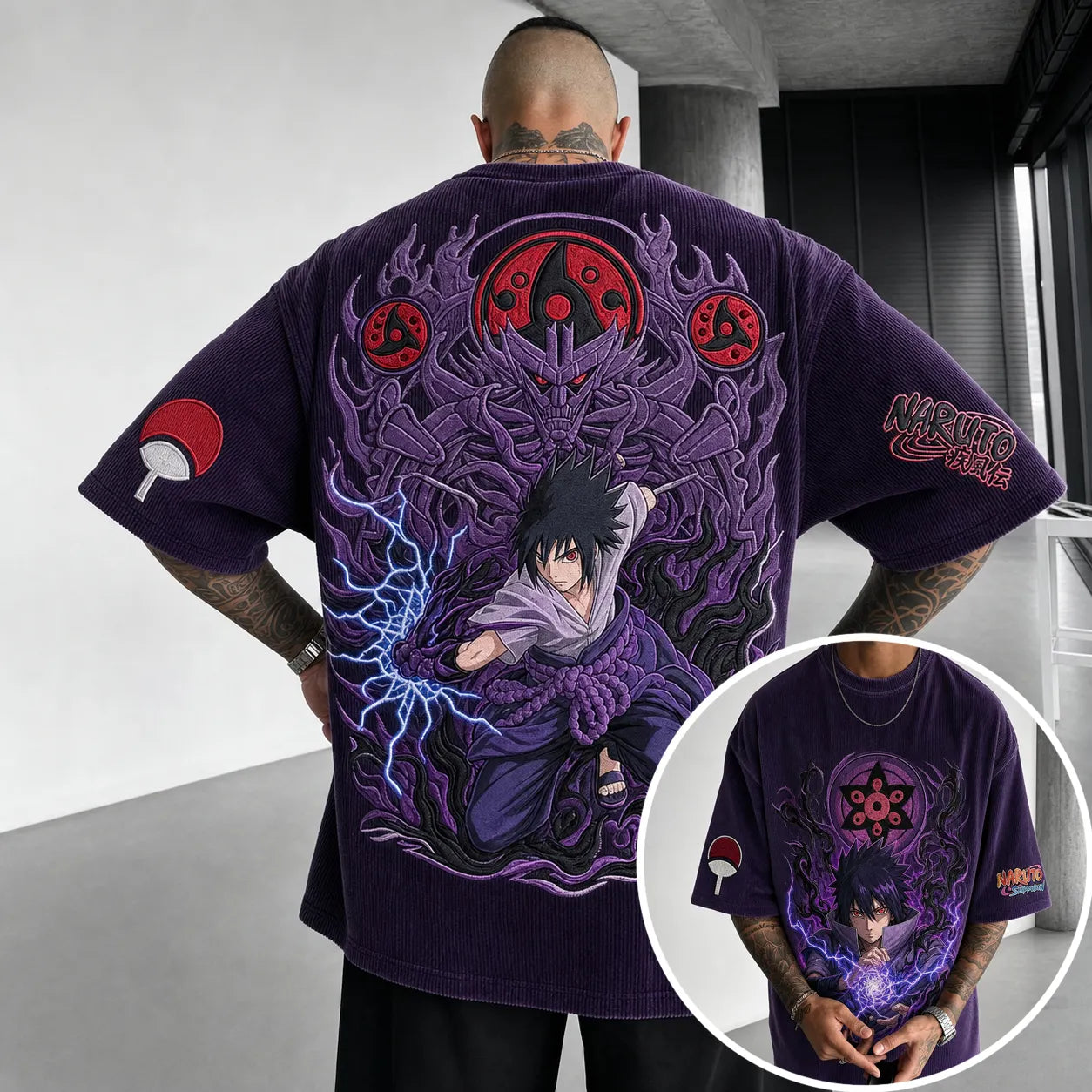 Unisex Oversized Anime-Print Vertical-Stripe Short-Sleeve T-Shirt