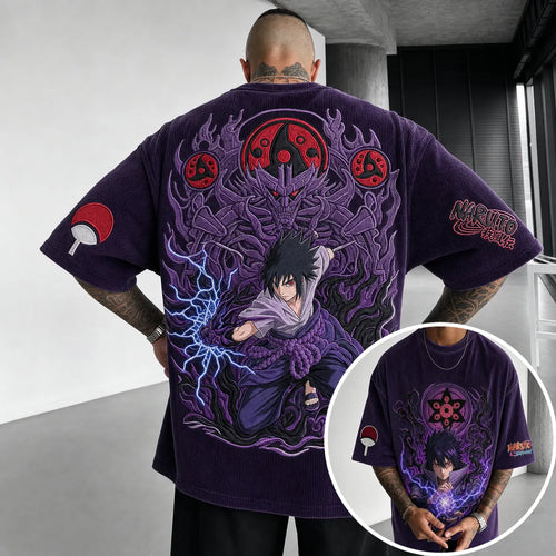 Unisex Oversized Anime-Print Vertical-Stripe Short-Sleeve T-Shirt