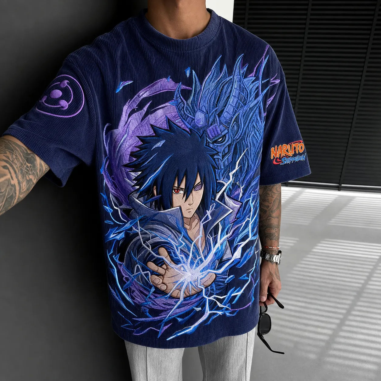 Unisex Oversized Anime-Print Vertical-Stripe Short-Sleeve T-Shirt