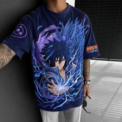 Unisex Oversized Anime-Print Vertical-Stripe Short-Sleeve T-Shirt