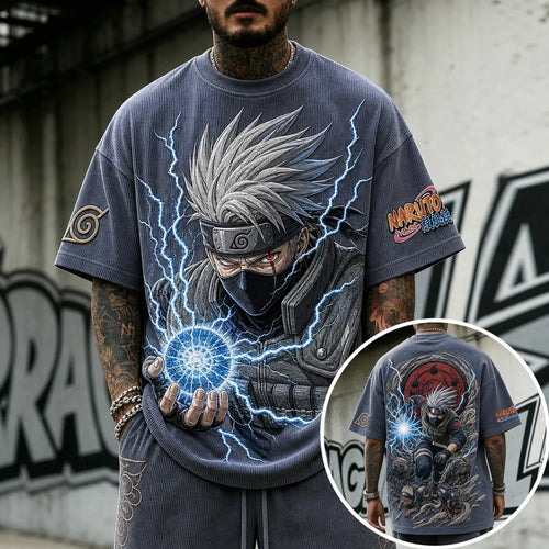 Unisex Oversized Anime-Print Vertical-Stripe Short-Sleeve T-Shirt