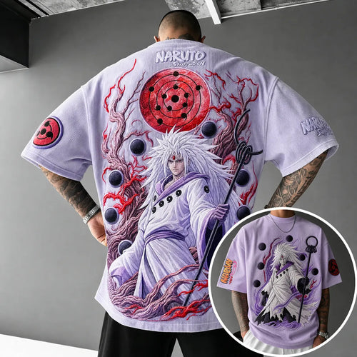 Unisex Oversized Anime-Print Vertical-Stripe Short-Sleeve T-Shirt